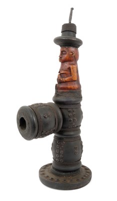 Lot 856 - Impressive Congolese Kuba tribal tobacco pipe, with carved wooden figural surmount and tooled wire mounted stems, 40cm high