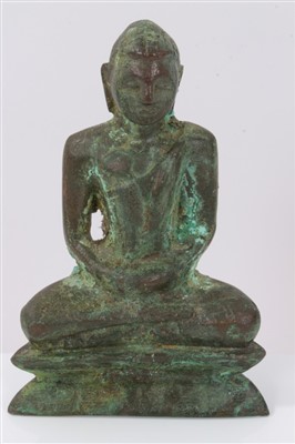 Lot 859 - Early Tibetan bronze figure of Buddha, seated in Samadhi position, on shaped base, 13cm high