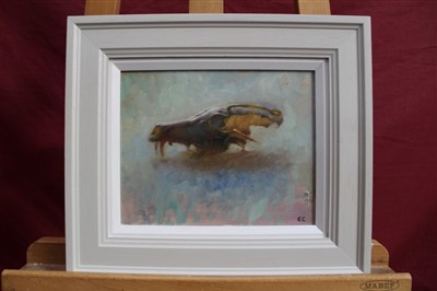 Lot 1090 - Ed Cooper oil on board - still life of a fox scull, initialled, framed