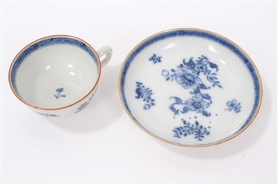 Lot 124 - 18th Century Chinese Export Porcelain Blue and White Sparrow Beak Jug of baluster form, together with a similar tea cup and saucer (3)