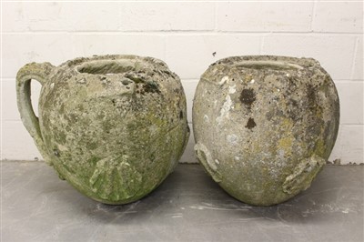 Lot 1366 - Pair of antique carved stone garden urns, originally from Twinstead Hall, near Sudbury (now demolished)