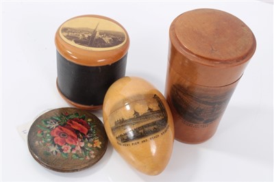 Lot 877 - 19th century Mauchlinware egg form thimble etui with scene of the West Pier, Brighton, together with a pin wheel with legend ‘From Yarmouth, glass container with scene of the International Exhibit...