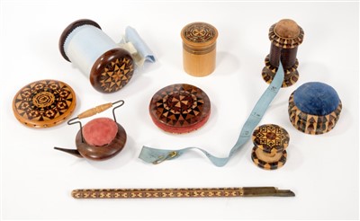 Lot 879 - Good collection of Tunbridgeware needlework accessories, including small cylindrical container with Barton & Nye label, pin wheels, pen, wax holder, pin cushions etc (9)