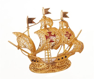 Lot 448 - Continental gold filigree and enamel brooch in the form of a galleon