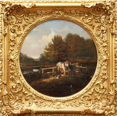 Lot 1140 - 19th century East Anglian School oil on canvas tondo - Figure with horse at a lockgate, in gilt frame, 29cm diameter