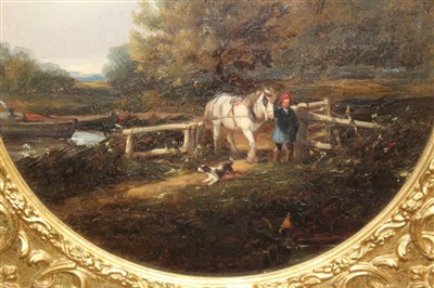 Lot 1140 - 19th century East Anglian School oil on canvas tondo - Figure with horse at a lockgate, in gilt frame, 29cm diameter