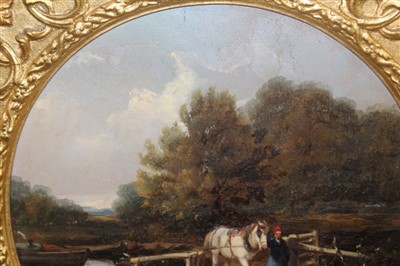 Lot 1140 - 19th century East Anglian School oil on canvas tondo - Figure with horse at a lockgate, in gilt frame, 29cm diameter