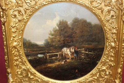Lot 1140 - 19th century East Anglian School oil on canvas tondo - Figure with horse at a lockgate, in gilt frame, 29cm diameter