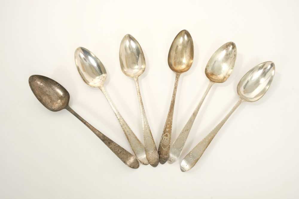 Lot 260 - Rare set of six Irish George III bright cut silver tablespoons, Dublin 1793