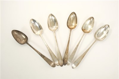 Lot 260 - Rare set of six Irish George III bright cut silver tablespoons, Dublin 1793