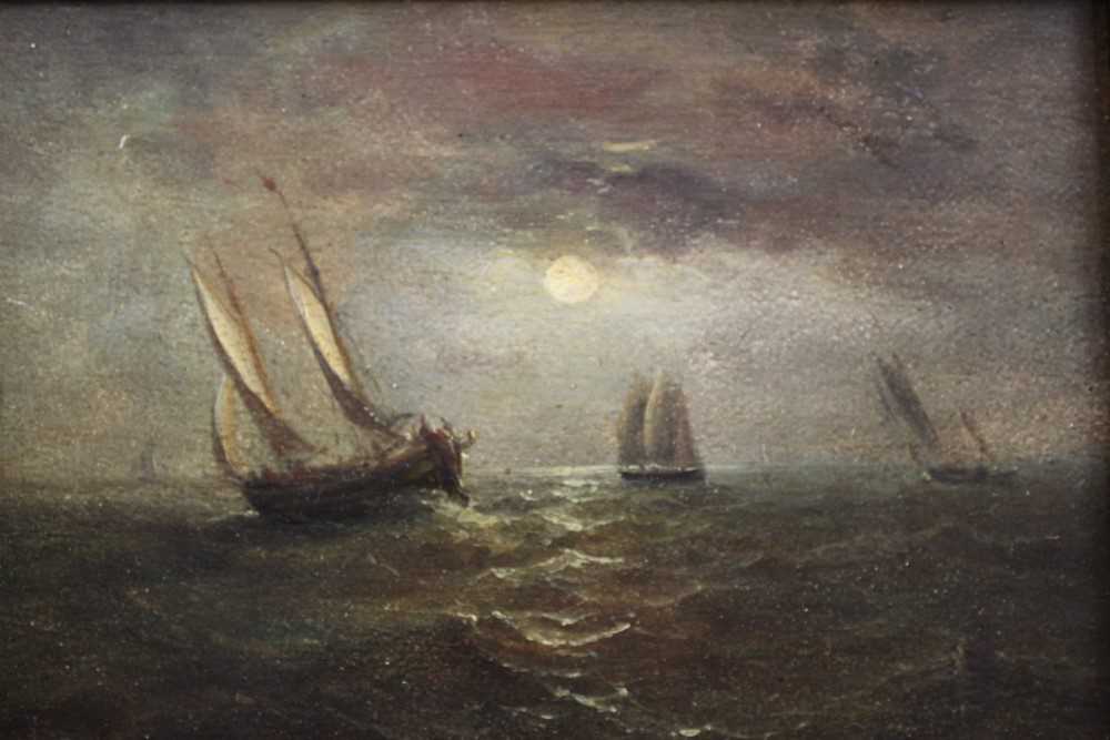 Lot 1145 - John Moore of Ipswich (1820-1902) oil on panel - shipping in moonlight, signed, in gilt frame, 17cm x 24cm