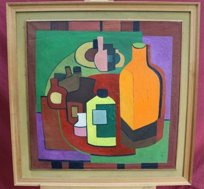 Lot 1155 - Stella Rankin (1915-2009) oil on board - still life of vessels, signed and dated 1989, framed, 61cm sqaure