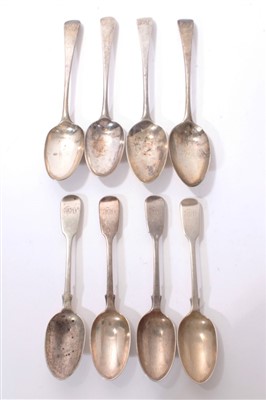 Lot 302 - Set of four Victorian silver fiddle pattern desert spoons and others