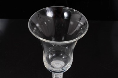 Lot 69 - 18th Century wine glass with bell bowl, double series opaque twist stem on splayed foot.