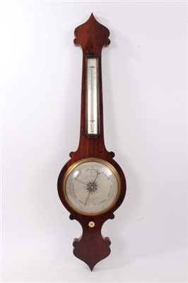 Lot 675 - 19th century rosewood banjo shaped barometer thermometer, the silvered dial signed Casteletti, Leicester