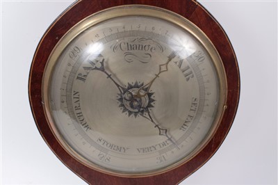 Lot 17 - 19th century inlaid mahogany banjo shaped barometer thermometer with silvered dials