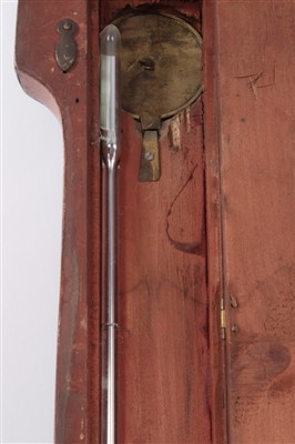 Lot 17 - 19th century inlaid mahogany banjo shaped barometer thermometer with silvered dials