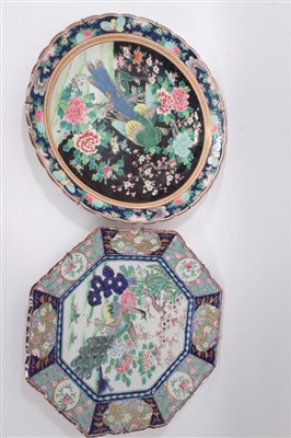 Lot 56 - Two late 19th century Japanese porcelain chargers with Chinese-style polychrome peacock and floral decoration, 43-46cm
