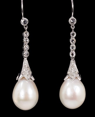 Lot 508 - Pair of cultured pearl and diamond pendant earrings