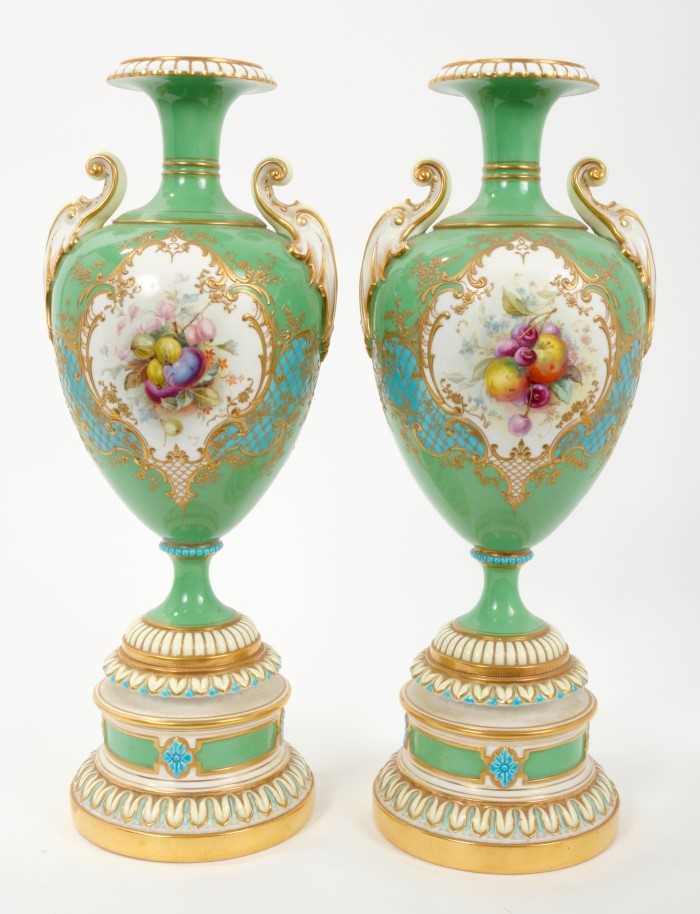 Lot 57 - Pair fine Victorian Royal Worcester vases with scroll handles