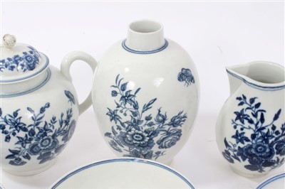 Lot 72 - Collection 18th century Worcester blue and white teaware with matching printed floral and butterfly decoration comprising teapot and cover, sparrow beak jug,sugar bowl,tea cannister,two tea bowls,c...