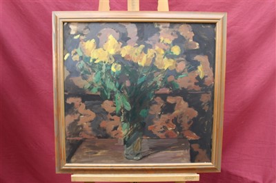 Lot 1186 - John Nash (1932-2018) oil on board - Yellow Flowers in Glass Vase, 54cm x 58cm together with three other still life oils of flowers in glass vases, four framed (4)