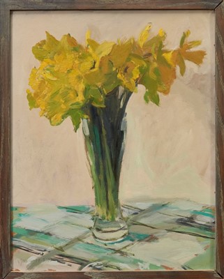 Lot 1187 - John Nash (1932-2018) oil on board - Daffodils in Vase, signed and dated '92, 46cm x 40cm together with two other still life oils of flowers in vases, three framed (3)