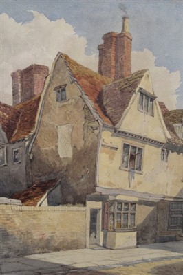 Lot 1193 - Frederick Brett Russel (1813-1869) watercolour - Old Houses, New Street, Ipswich, signed and dated 1865, in glazed gilt frame, 35cm x 25cm