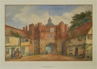 Lot 1196 - 19th century Ipswich school watercolour - The Old West Gate of Ipswich, indistinctly signed and dated, in glazed gilt frame, 35cm x 54cm  
 Provenace: a handwritten note verso states ‘Bought at Gly...