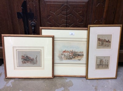 Lot 482 - Edward Pococke (1843-1901) group of four ink and watercolour views of Ipswich to include The Old Kings Arms, The Kings Arms, Eagle Foundry and another of the river, signed and inscribed, arranged i...