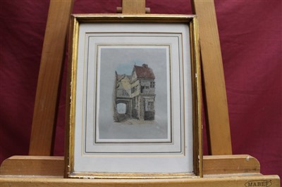 Lot 1198 - Edward Pococke (1843-1901) group of four ink and watercolour views of Ipswich to include Browns Yard and the Shire Hall Steps, each signed, in matching glazed gilt frames