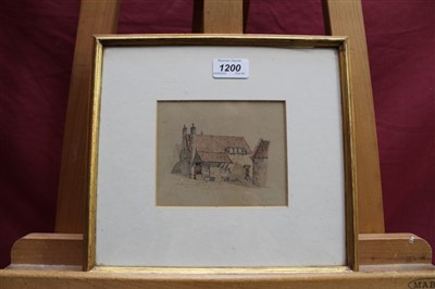 Lot 104 - Edward Pococke (1843-1901) group of four ink and watercolour views of Ipswich to include Part of Old Palace, Shire Hall Yard, Eldred’s House another, each signed and inscribed, in matching gilt fra...