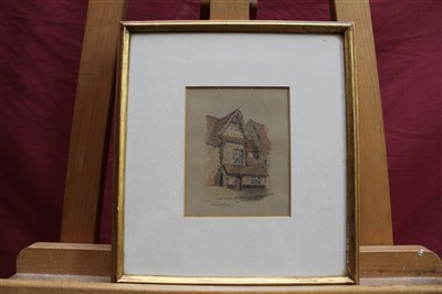 Lot 104 - Edward Pococke (1843-1901) group of four ink and watercolour views of Ipswich to include Part of Old Palace, Shire Hall Yard, Eldred’s House another, each signed and inscribed, in matching gilt fra...