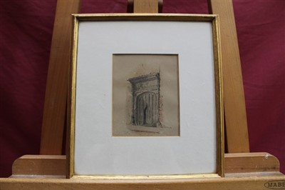 Lot 104 - Edward Pococke (1843-1901) group of four ink and watercolour views of Ipswich to include Part of Old Palace, Shire Hall Yard, Eldred’s House another, each signed and inscribed, in matching gilt fra...
