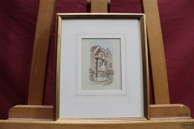 Lot 104 - Edward Pococke (1843-1901) group of four ink and watercolour views of Ipswich to include Part of Old Palace, Shire Hall Yard, Eldred’s House another, each signed and inscribed, in matching gilt fra...