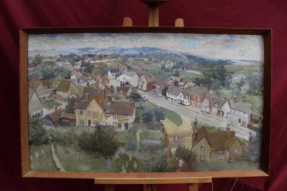 Lot 1211 - Clifford Charles Turner (1920-2018) oil on board - a birds-eye view of Witham, framed, 59cm x 101cm