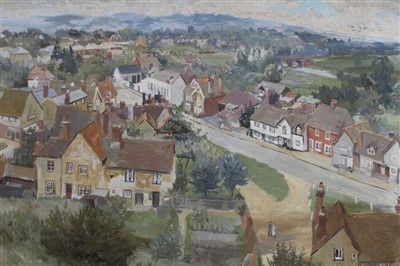 Lot 1211 - Clifford Charles Turner (1920-2018) oil on board - a birds-eye view of Witham, framed, 59cm x 101cm