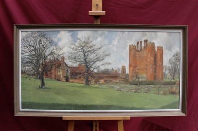 Lot 1212 - Clifford Charles Turner (1920-2018) oil on board - View of Leez Priory, Little Leighs, signed and framed, 59cm x 118cm