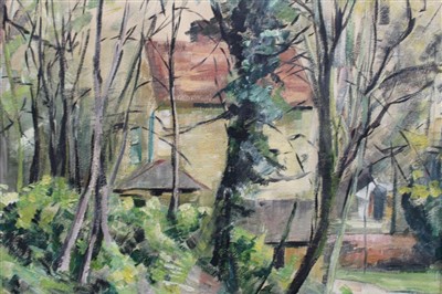 Lot 1205 - Margaret Finch-Noyes (b.1933) oil on board - landscape with trees, a house beyond, framed, 38cm x 56cm