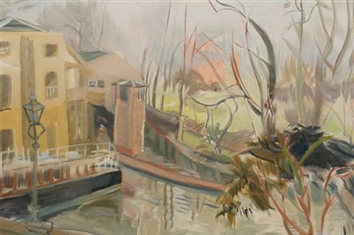 Lot 1206 - Clare Winsten (1894-1989) oil on canvas - riverside houses, initialled, framed, 55cm x 75cm