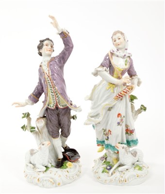 Lot 106 - Pair 19th century Meissen figures of shepherd and shepherdess with blue crossed swords and incised marks 21cm
