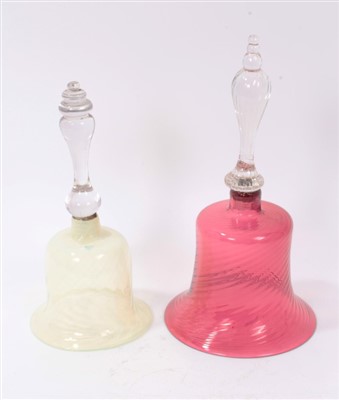 Lot 110 - Victorian cranberry glass bell with clear glass handle 31cm and Vaseline glass bell - 26cm (2)