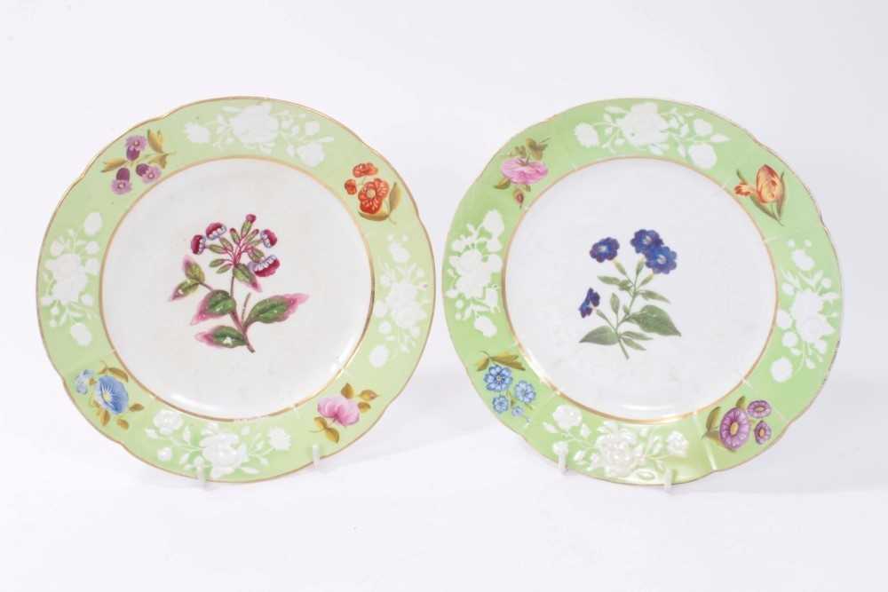 Lot 60 - Pair Regency Coalport ‘New Embossed’ dessert plates with painted and moulded floral decoration and pale green borders 22cm