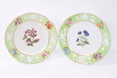 Lot 113 - Pair Regency Coalport ‘New Embossed’ dessert plates with painted and moulded floral decoration and pale green borders 22cm