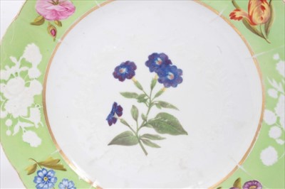 Lot 60 - Pair Regency Coalport ‘New Embossed’ dessert plates with painted and moulded floral decoration and pale green borders 22cm