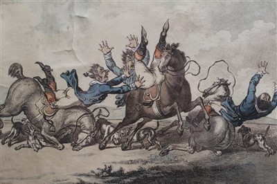 Lot 78 - James Gillray (1756-1815) hand coloured aquatint - Hounds Throwing Off, published April 8th 1800 by H. Humphrey, in glazed frame, 24cm x 34cm
