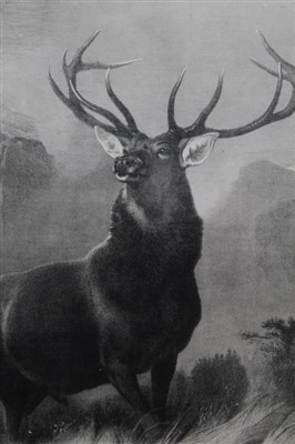 Lot 989 - Sir Edwin Landseer late 19th engraving by Zobel - The Monarch Of The Glen, published 1896 by The National Art Society, in original glazed oak frame, 58cm x 53cm