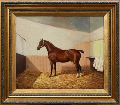 Lot 982 - Albert Clark (act.1821-1910) oil on canvas - a bay hunter in a stable, signed, in gilt frame, 50cm x 60cm