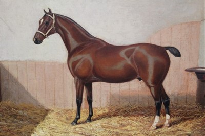 Lot 982 - Albert Clark (act.1821-1910) oil on canvas - a bay hunter in a stable, signed, in gilt frame, 50cm x 60cm