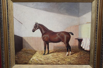 Lot 982 - Albert Clark (act.1821-1910) oil on canvas - a bay hunter in a stable, signed, in gilt frame, 50cm x 60cm